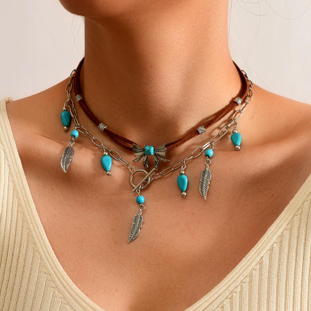 Jewelry Retro Imitation Turquoise Collarbone Chain Niche Ethnic Wind Leaf Love Cow Head Inlaid with Turquoise Multi-layer
