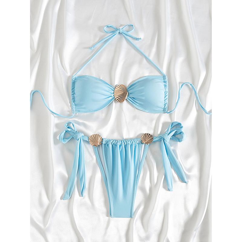 Push-Up Zweiteilige Bikinis Damen Badeanzüge Bademode Sexy Muschel Set Tanga Biquini Badeanzug Unifarben Strandmode