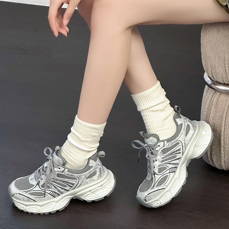 Thick-soled Heightening Dad Shoes Women's Autumn New Leather Mesh Breathable Small Casual Sports Shoes