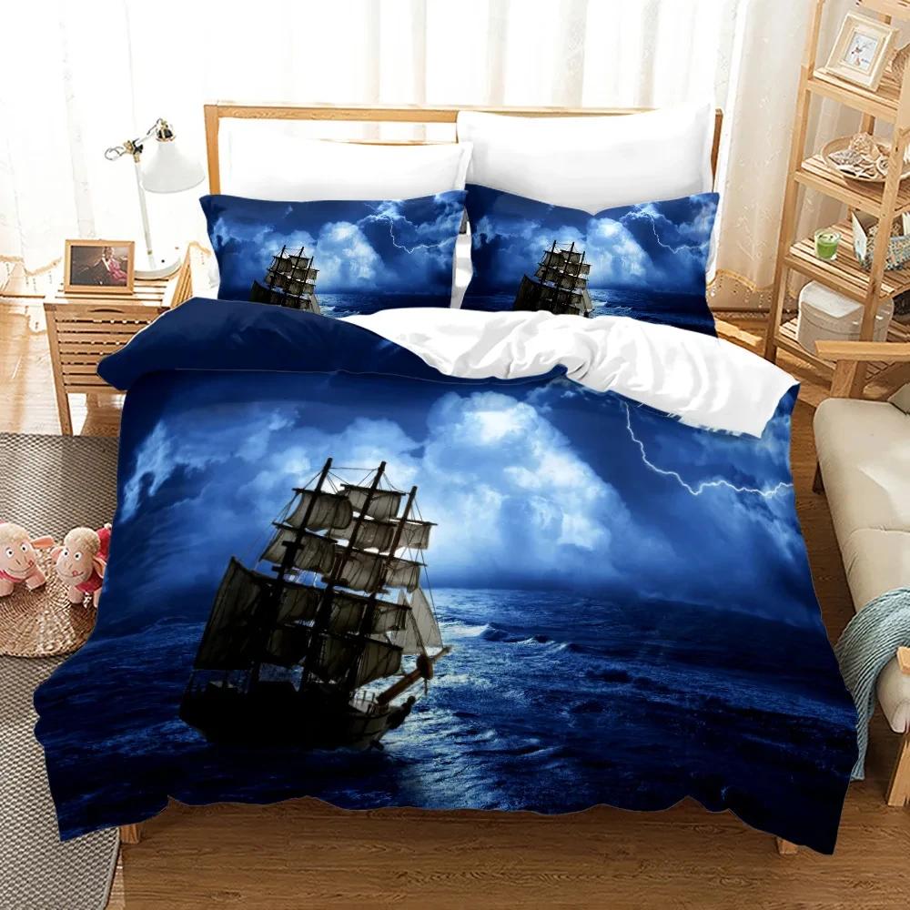 Nautical Pirate Duvet Cover Set Sailboat Theme Bedding Set Palm Tree Island Treasure Hawaiian Beach Cartoon Comforter Cover Full