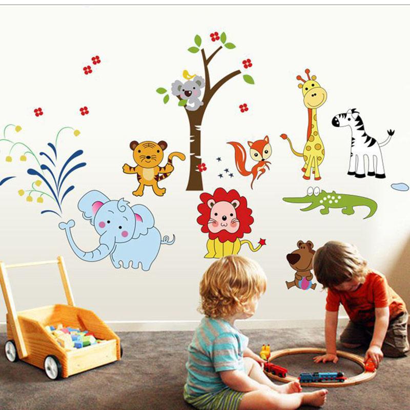Cartoon Animal World Removable Wall Stickers PVC Transparent Film for Kids Room Decor Nursery Home Decoration