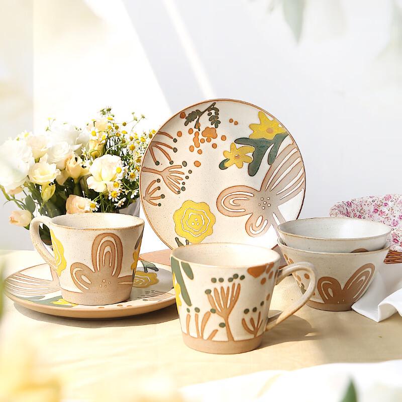 Rustic Japanese Hand-Painted Tulip & Butterfly Ceramic Bowl