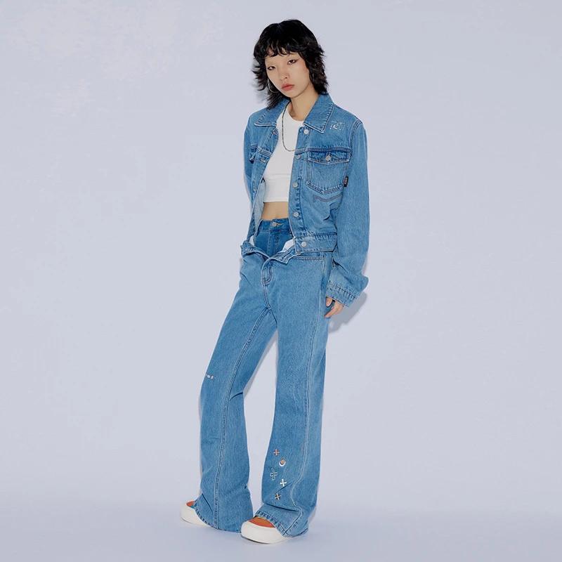 Li Ning Einfarbig Einreihig Langarm Jeansjacke Damenjacken Hell-Denim-Blau AJDT534-1