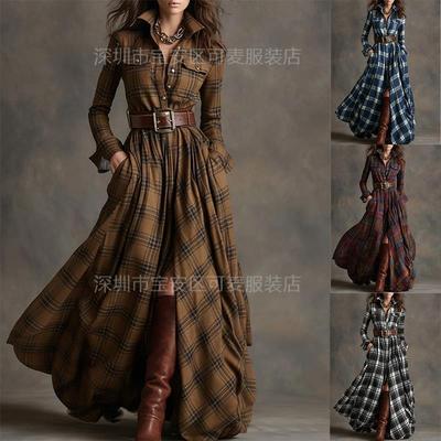 Nouvelle robe longue à manches longues pour femme, design irrégulier fin, col à revers, à carreaux rétro à la taille