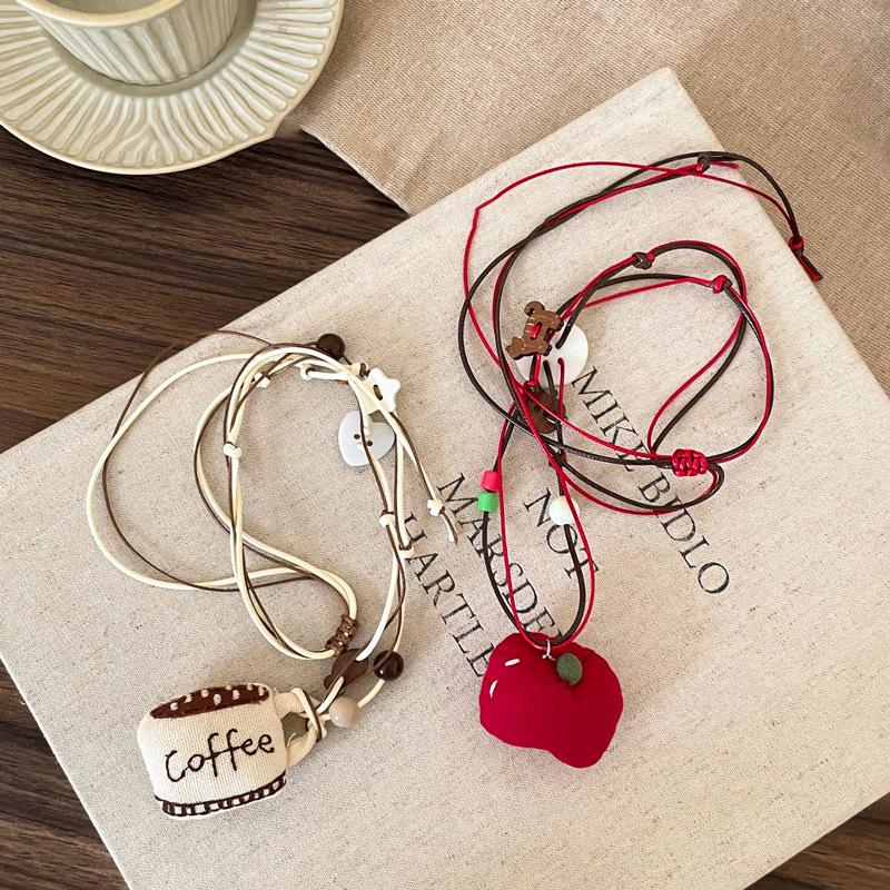 Beaded Apple Coffee Cup Pendant Necklace - Minimalist and Sweet Sweater Chain