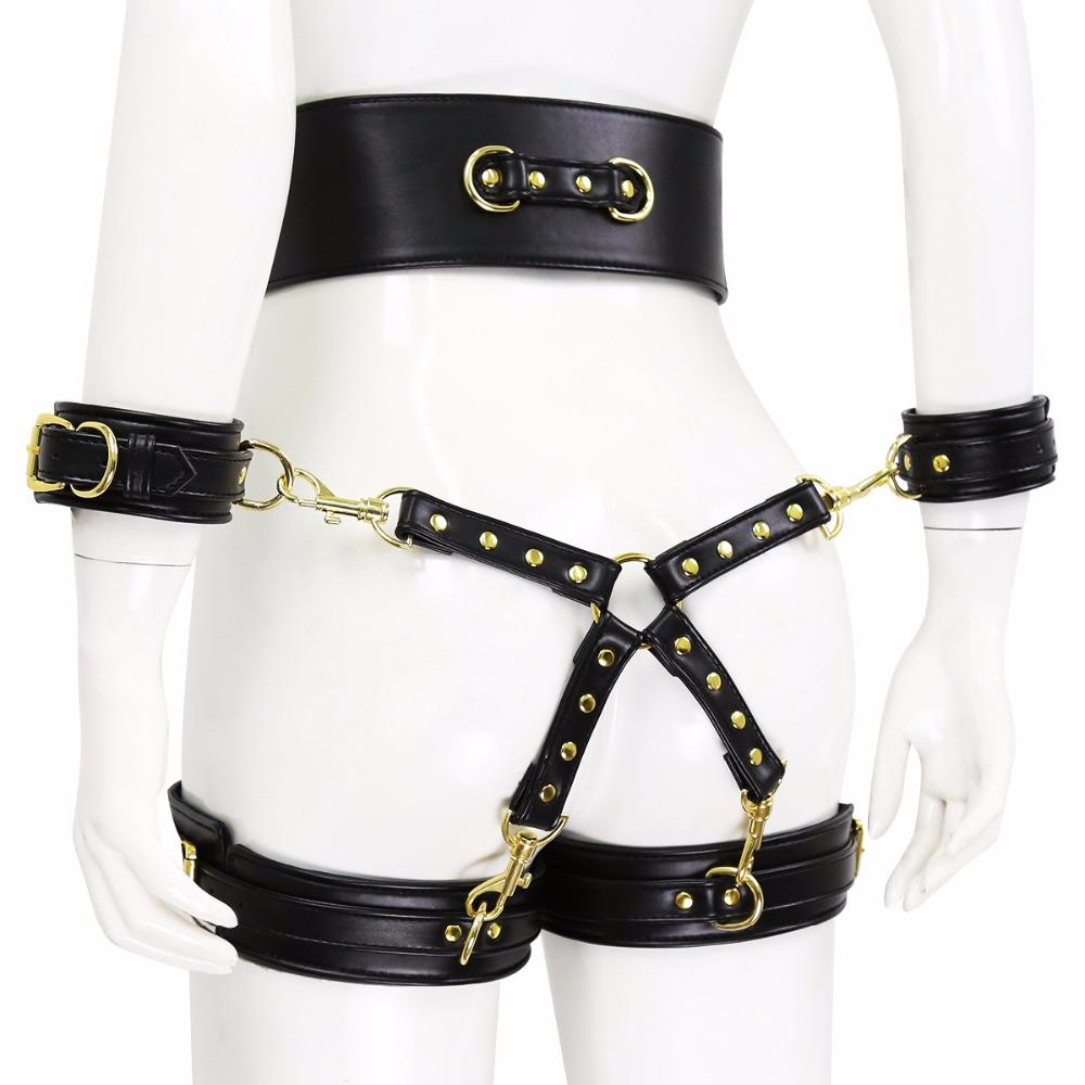 Bundle set includes waist belt, wrist and thigh covers, cross buckle, adult game restraint device, handcuffs, leg covers, and sex toys