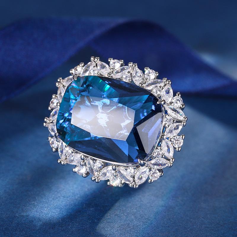 Jewelry Copper Bottom Gold-Plated Simulation Blue Spinel Women'S Suit Temperament Full Diamond Luxury Setting 15 * 20-10 * 12