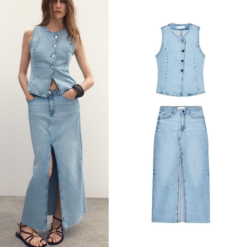 Spring and Summer Cinched Sleeveless round Neck Denim Vest 8228038 Midi Skirt High Waist Casual Denim Skirt 8228023