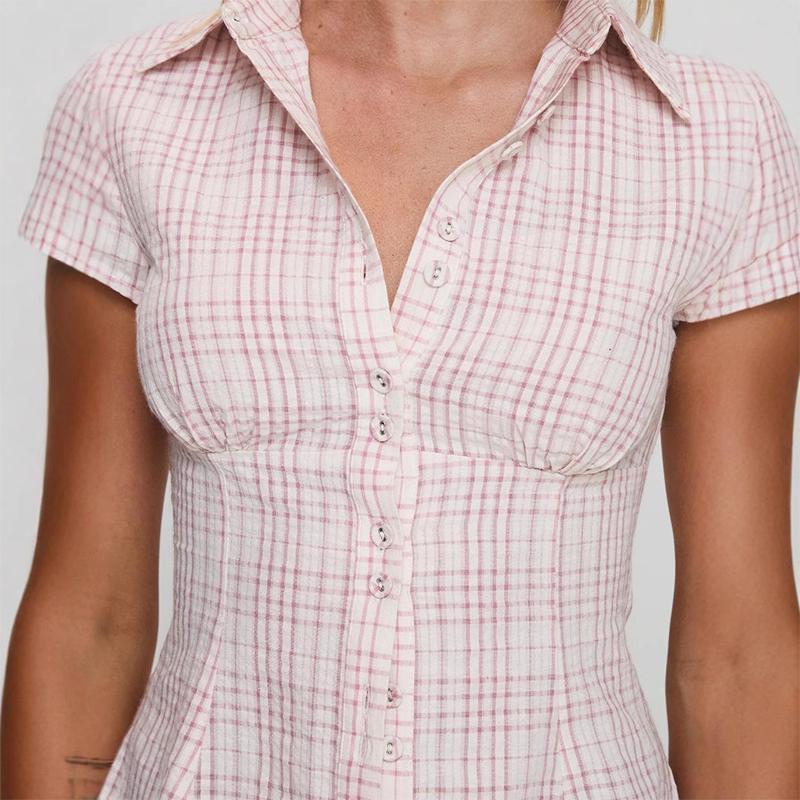 Double Button Women's Sexy Shirt Checkered Pattern Blouses Short Sleeve Slim Top Casual Commuting Fashion Office Lady Summer 2025