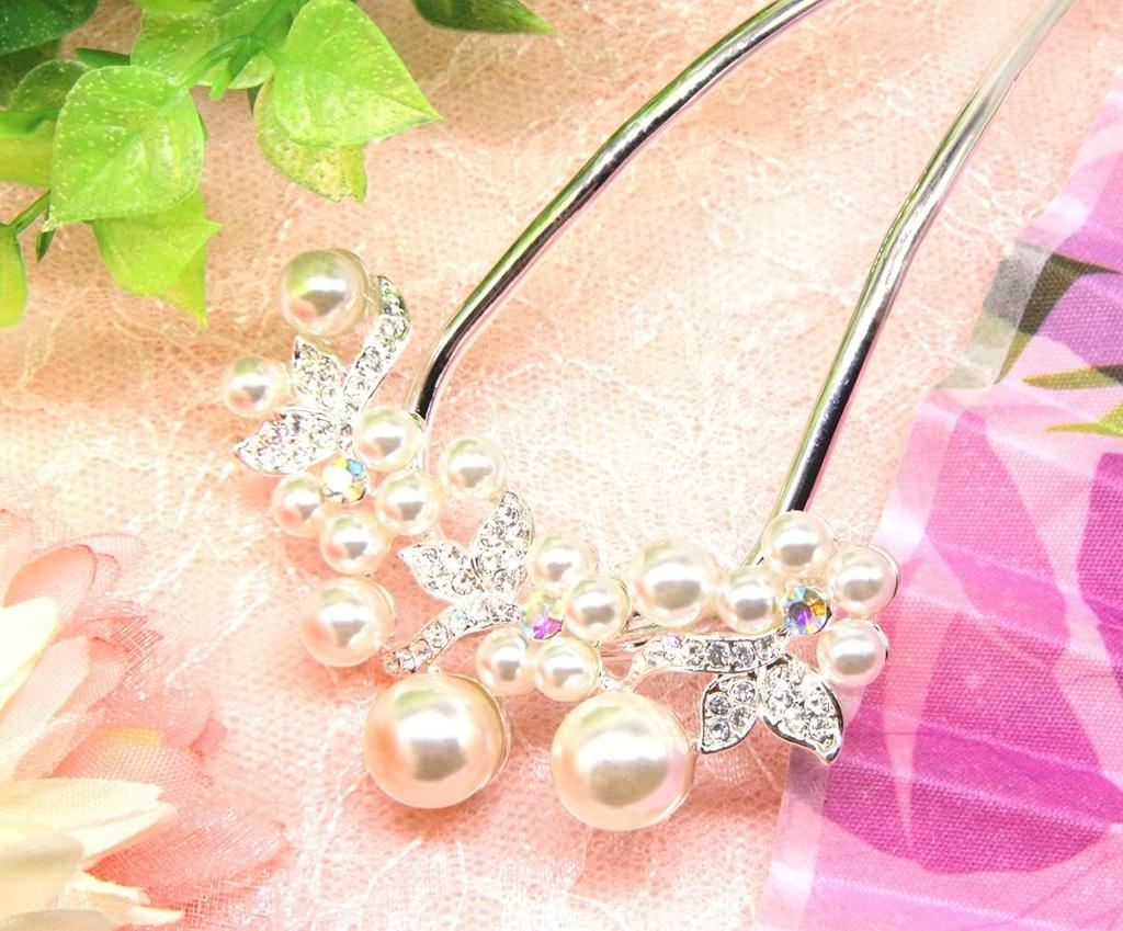 Kanzashi Hair Pearl Hair Flower for Kimono and Yukata [Miaomyao] (Japanese Hairpin), U-Shaped, Ornament, Comb, Design, Silver,