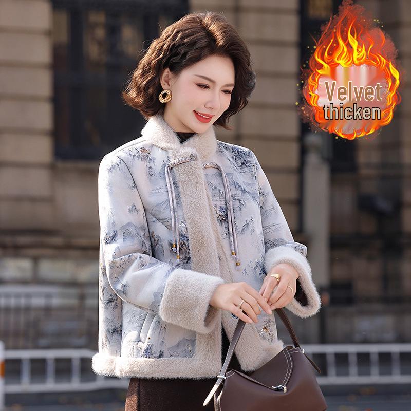 

Stylish, Age-Defying Jacket for Middle-Aged Women: Autumn/Winter Chinese-Style Frog Button Leather and Fur Blend Top 5XL (150-165 lbs) синий
