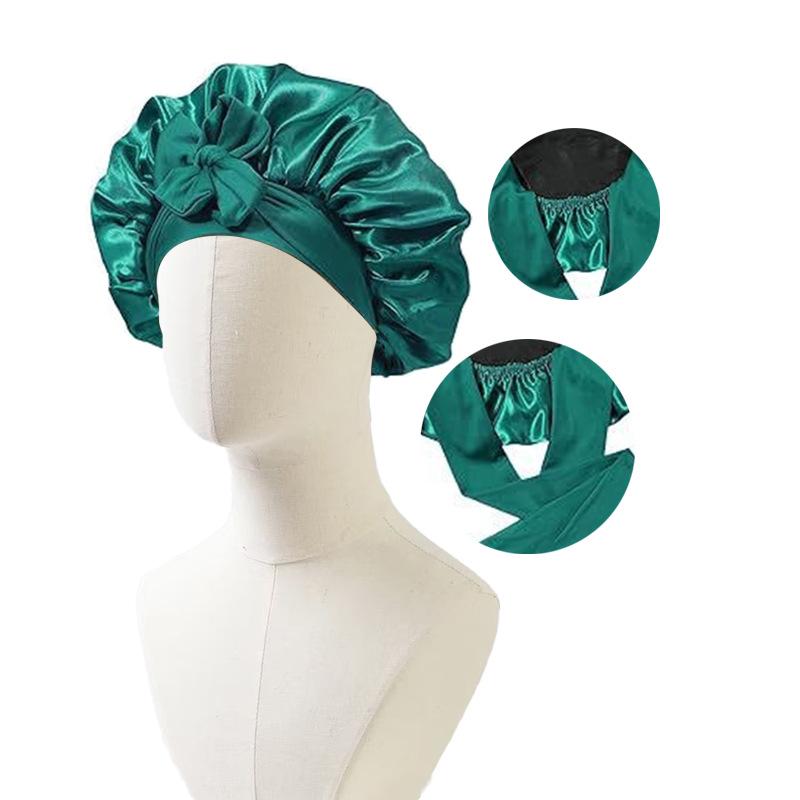 Satin Nightcap with Ribbon Bowknot, Double-Sided Silk Hair Cap, Leopard Print