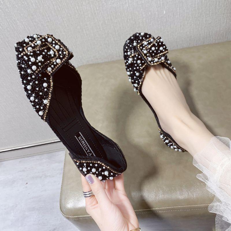 Platta Enkla Skor Dam Vår och Sommar Superheta Mångsidiga Lågskurna Fyrkantig Tå Strass Mössa Skor Dam