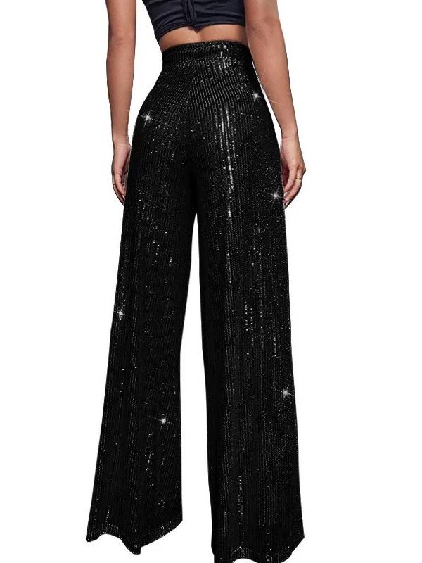 Pantaloni da Donna a Gamba Larga Lunghi Fino ai Piedi con Perle e Paillettes alla Moda 2025