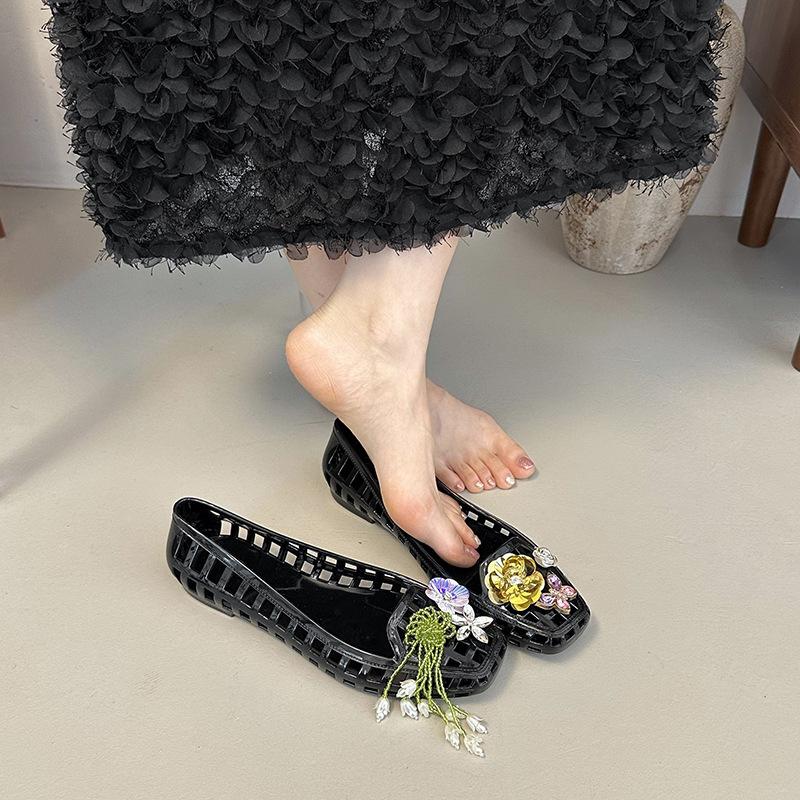 DIY Net Sandals Super Fire Korean Retro Hole Shoes Crystal Shallow Mouth Lazy Transparent Jelly Shoes Red Square Head Women's Shoes