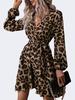 Neuer Stil Langarm Überkreuzter Ausschnitt Leopardenmuster Blumenkleid mit Gürtel Freizeitkleid