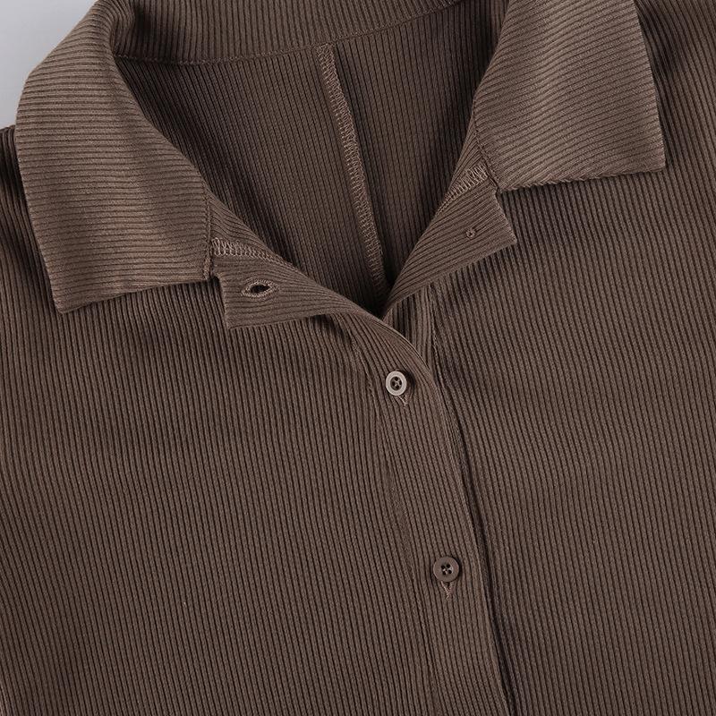 Spring and Summer European and American Hot Girl Solid Color Lapel Breasted Ribbed Slim Fit Casual Simple Basic Jumpsuit