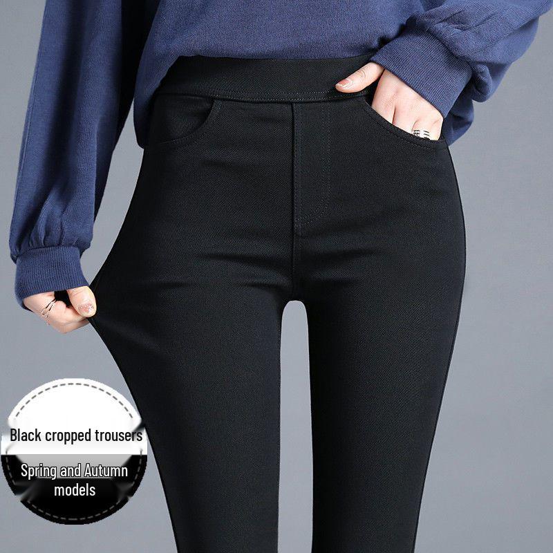 Women's Black Fleece-Lined Leggings - Thick, High Waist, Elastic Waistband, Slim Fit, Perfect for Autumn and Winter.