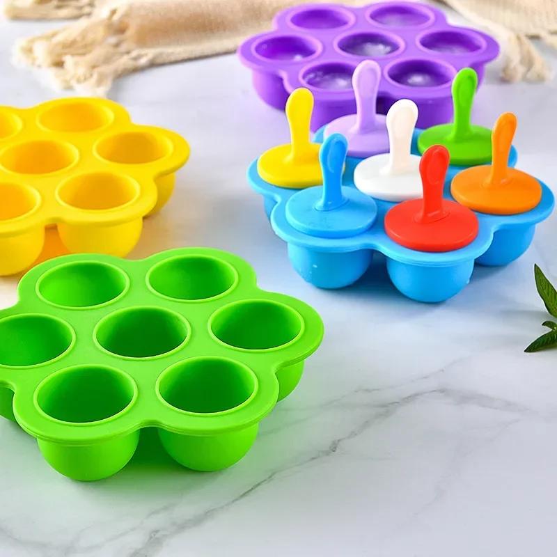 Eisform Bunt 7 Löcher Kinderhausgemachte Eis am Stiel Formen Lebensmittelqualität Silikon DIY Eisformen Heimküchenzubehör