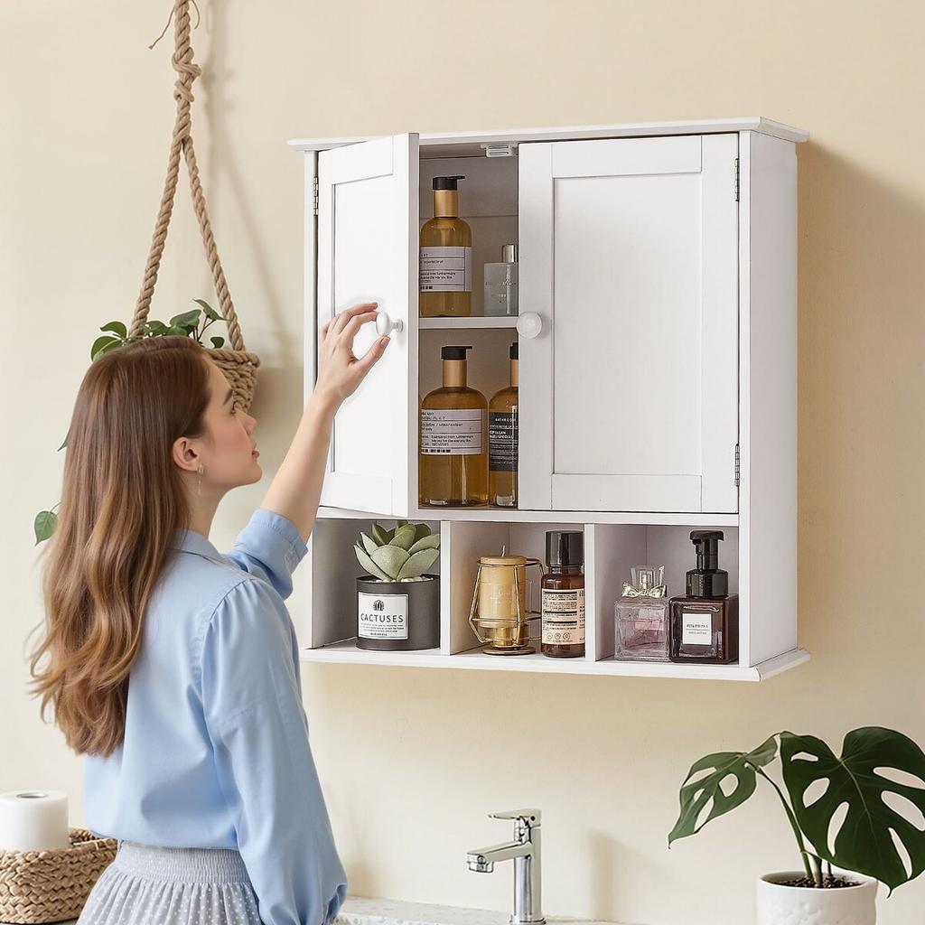 Bathroom Wall Cabinet, 2 Doors & Adjustable Shelf, Over the Toilet Storage Medicine Cabinet Wall Mounted, Hanging Organizer with Shelves & Open