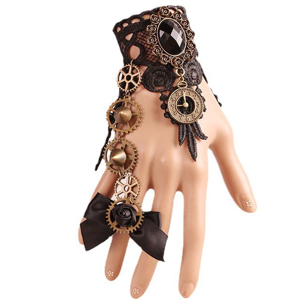 Women Bracelet Ring in 2 Colors with Gear Clock Wrist Guard and Adjustable Ring with Long Bracelet Women Cosplay Props