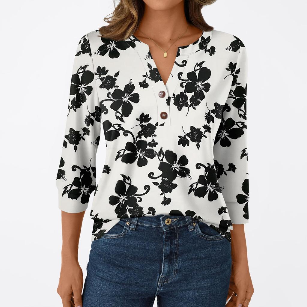 Damska Moda Casual Koszulka z Rękawem 3/4 Nadruki Dekolt w Serek Guziki