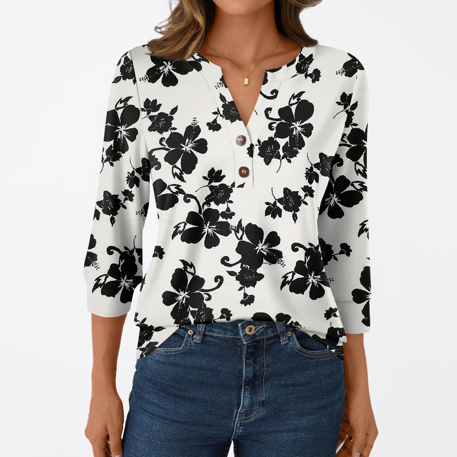 

Жіноча модна повсякденна футболка з рукавом 3/4, з принтами, V-подібним вирізом, на ґудзиках XL білий