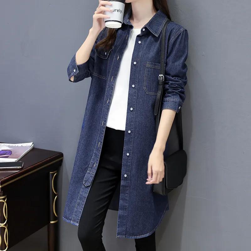 Denim Shirt Women's Spring and Autumn Clothes Korean Style Mid-length Long-sleeved Loose Shirt Casual Jacket