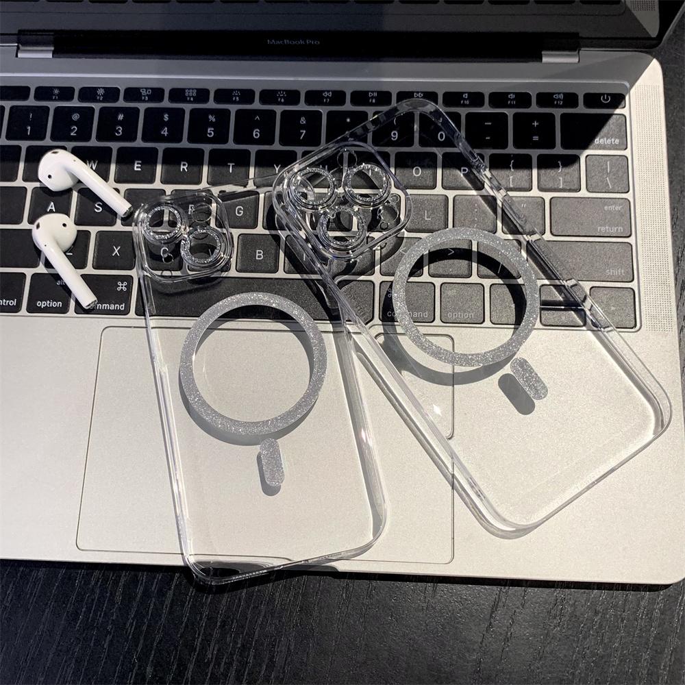 Ultradünne UV Hartschale Transparent für Magsafe Magnetische Hülle Für iPhone 15 14 13 Pro Max Plus Glitzer Kabelloses Laden PC Hülle