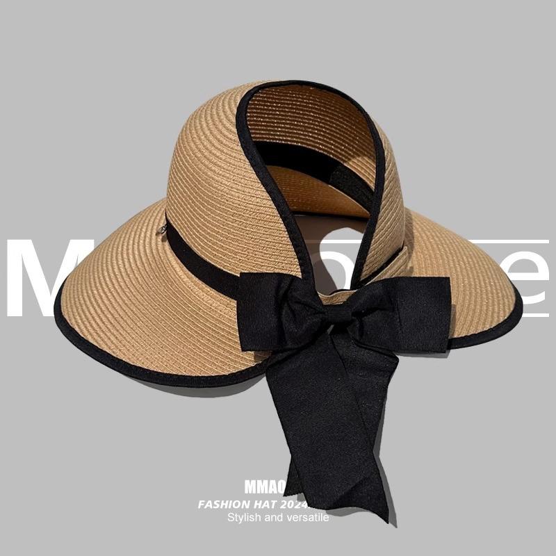 

Empty top straw hat women s summer travel beach sunshade sun protection foldable big head circumference fashion bow sun hat Adjustable хакі