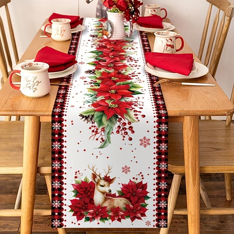 Christmas Poinsettia Reindeer Table Runner Wedding Party Decor Winter Xmas Kitchen Dining Table Runners Christmas Decorations