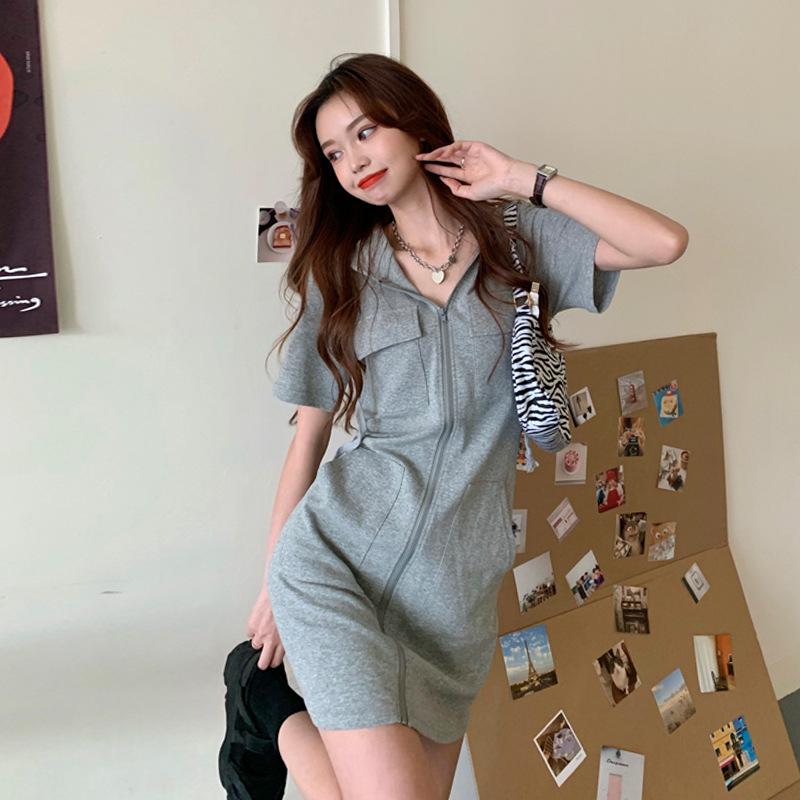 2025 Trendy Korean-Style Women's Summer Zipper Dress: Loose Casual Short-Sleeved Hooded Top