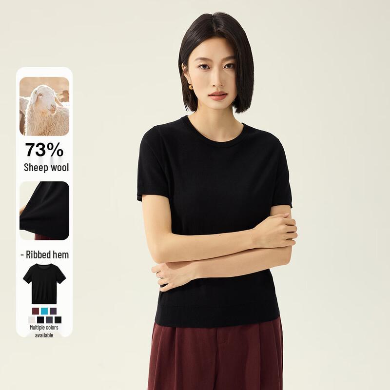 

Mulberry Silk Wool Blend Round Neck Knitted Short Sleeve T-shirt for Women M