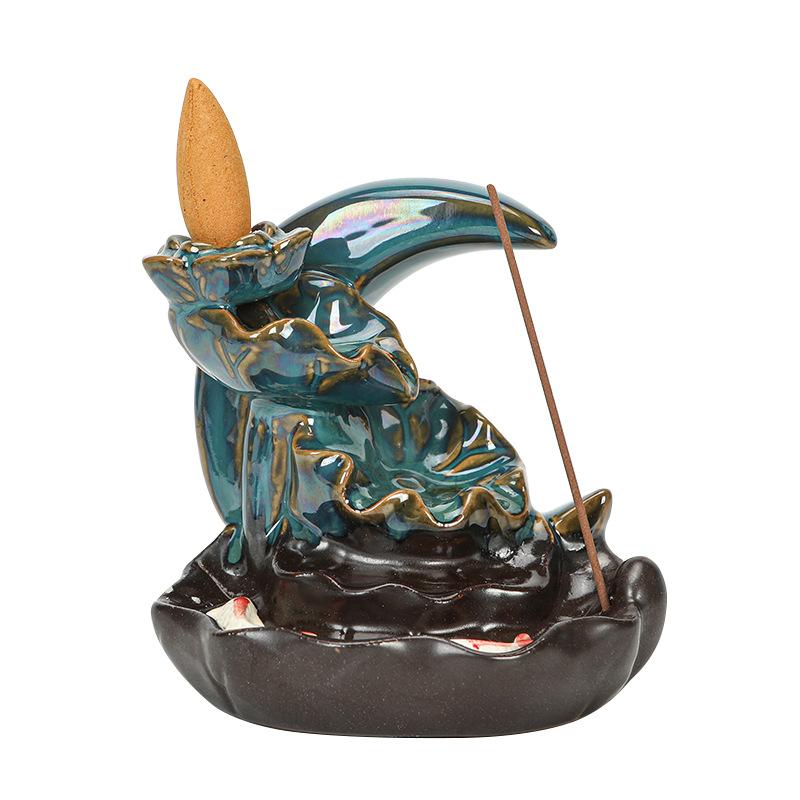 Double Fish Flowing Back Incense Burner Innovative Home Decor Waterfall Incense Ceramic Furnace Craft  Lotus Incense Burner
