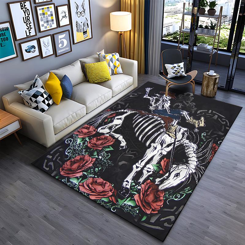 Skeleton Horse and Roses Carpet with Gothic Black Background Style Suitable for use as an anti-slip for living room bedroom sofas