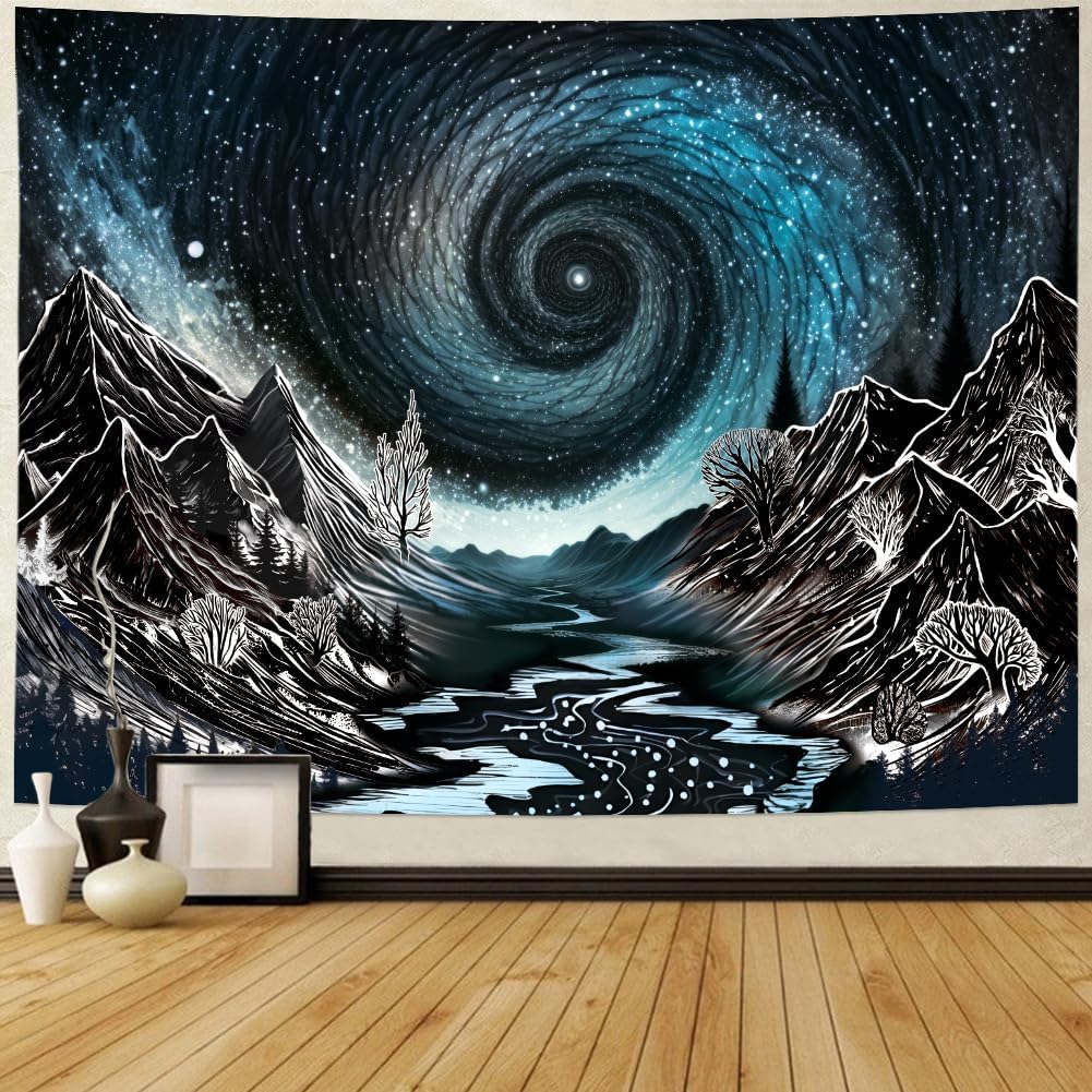 Watercolor Mountain Tapestry Starry Moon Night Tapestries Forest Trees Wall Tapestry Aesthetic Nature Landscape Wall Hanging