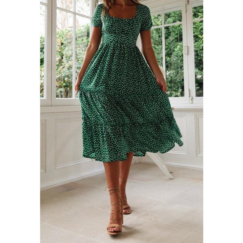 Women's French Vintage Floral Print Midi Dress Square Neck Puff Short Sleeve High Waist Chiffon Tiered Summer Casual Holiday Party Ladies Dress