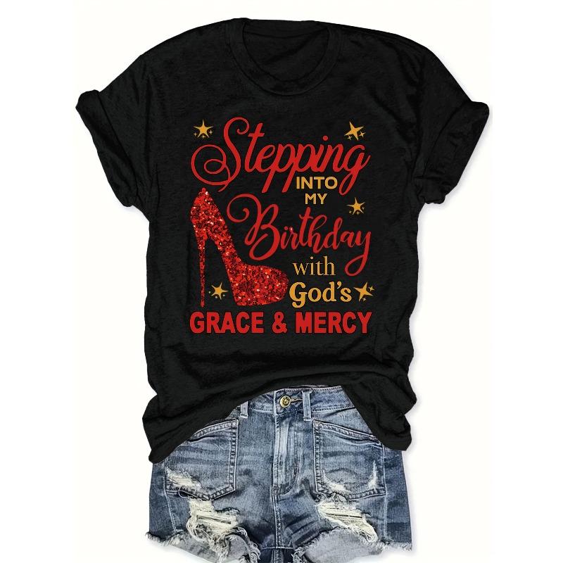 

European sizes Women s Inspirational Birthday T-Shirt Cartoon High Heel Print with Phrase Regular Length | All-Season Top 4XL чорний