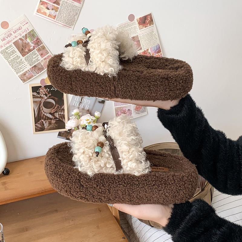 Retro thick-soled fluffy slippers women's outer wear 2025 autumn and winter new Korean version comfortable one-word bow women's slippers