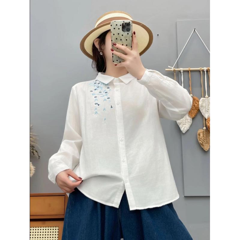 Spring 2026 Women's Embroidered Double Gauze Long Sleeve Casual Shirt with Lapel