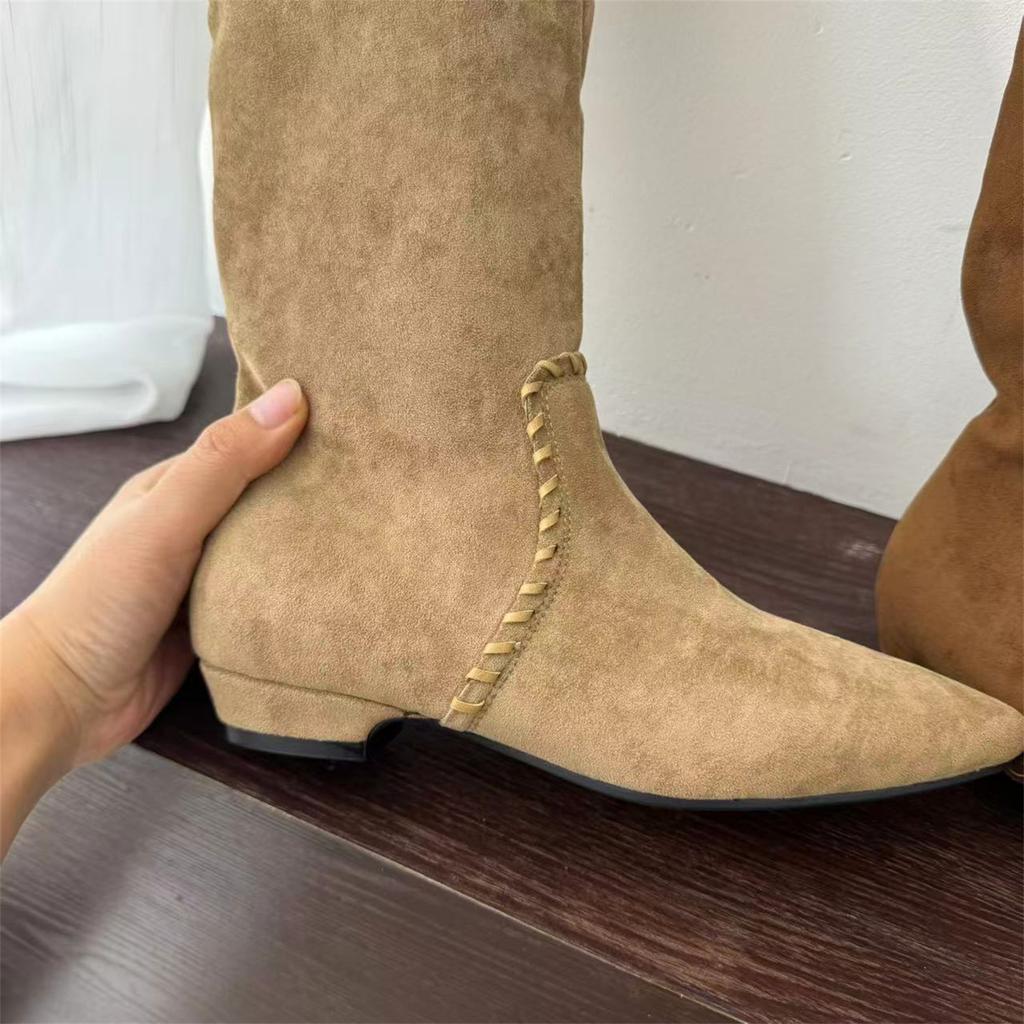 Thick Heel Pointed Brown Pile Boots Women's Boots 2025 New Autumn and Winter Suede Thin Boots Long Knight Boots