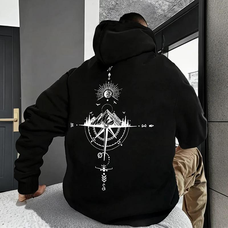 Retro compass print hoodies for men and women, high-quality pullovers, street daily casual, sports and fitness tops and clothing