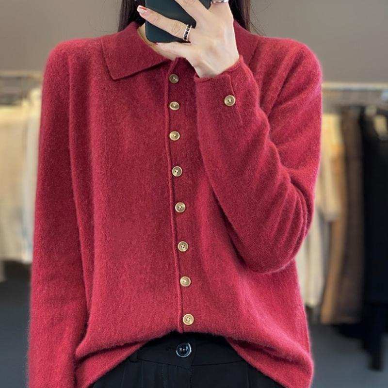 Polo Collar Knitted Wool Cardigan for Women In Autumn and Winter New Fashion Versatile Sweater Warm Skin-friendly Coat Top