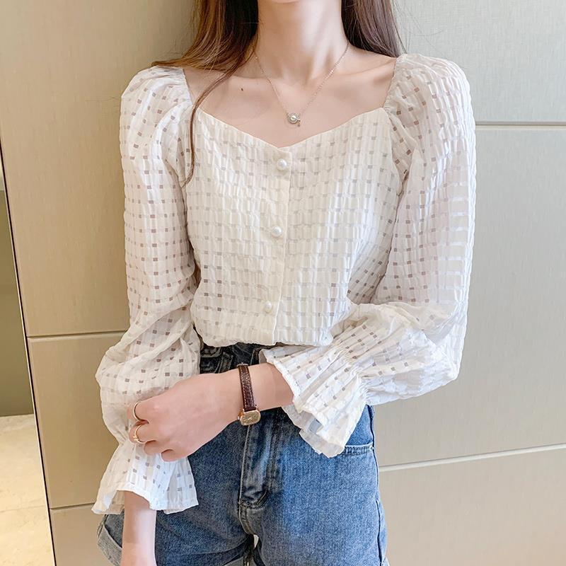 

Осень 2025 Блузка с милым квадратным вырезом и рукавами-клеш XS абрикосовый