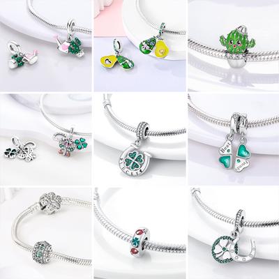 New Genuine Copper Green Series Cactus Four-Leaf Lucky Clover Butterfly Pendant Handmade DIY Charm Beads Fit Original Wrist Bracelet Jewelry