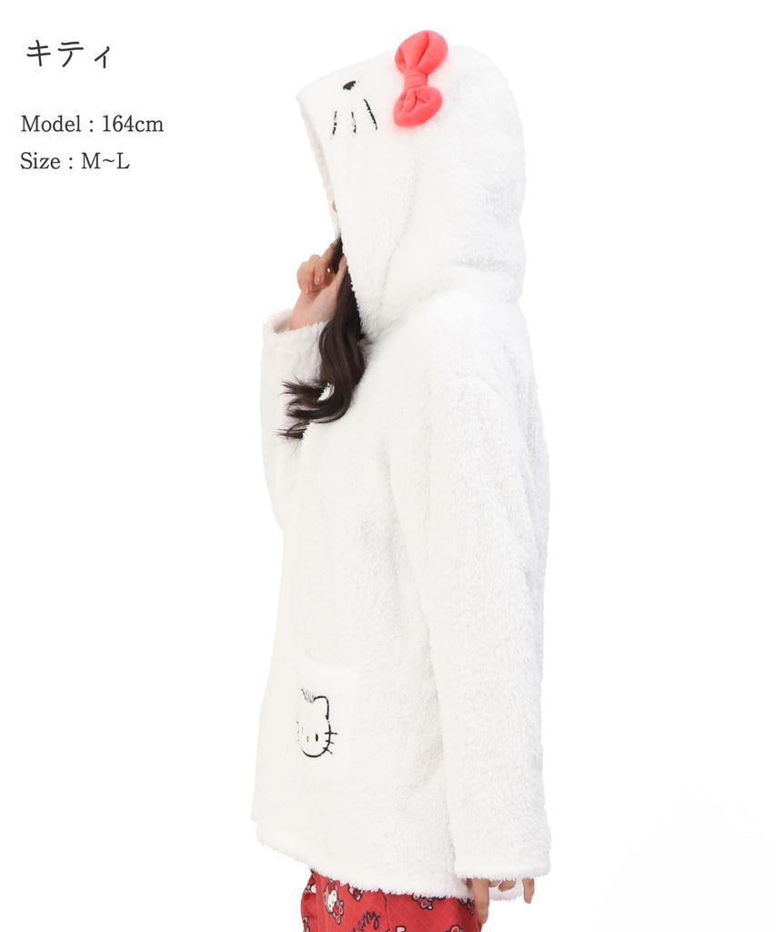 SAZAC Hello Kitty Pajamas for Hello Kitty with Daniel Long Open Poodle Boa Loungewear for Fall and Winter Women, Costume, Sleeve, Front, Fabric,