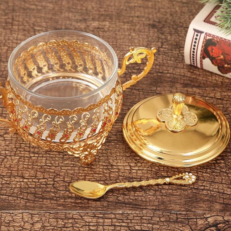 European Style Seasoning Jar,Alloy With lid Handle Red Inlaid Gem Container Salt Butter Organizer,Coffee Beans Jar,Kitchen Tools