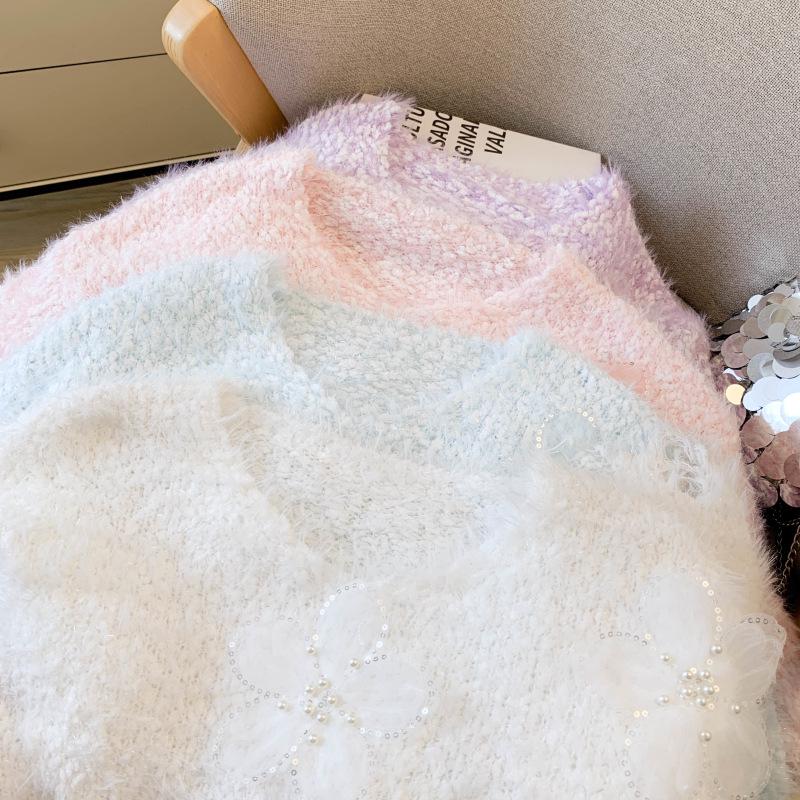 Women's Beaded Flower Faux Mink Knit Sweater