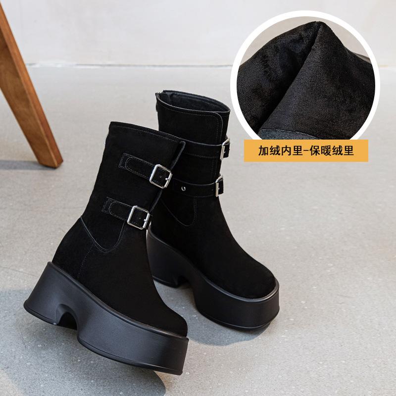 

Ботинки в британском стиле, новые короткие ботинки осень-зима 2025, женские универсальные ботинки средней высоты на толстой подошве, пряжка-ремень, однотонный тренд 39