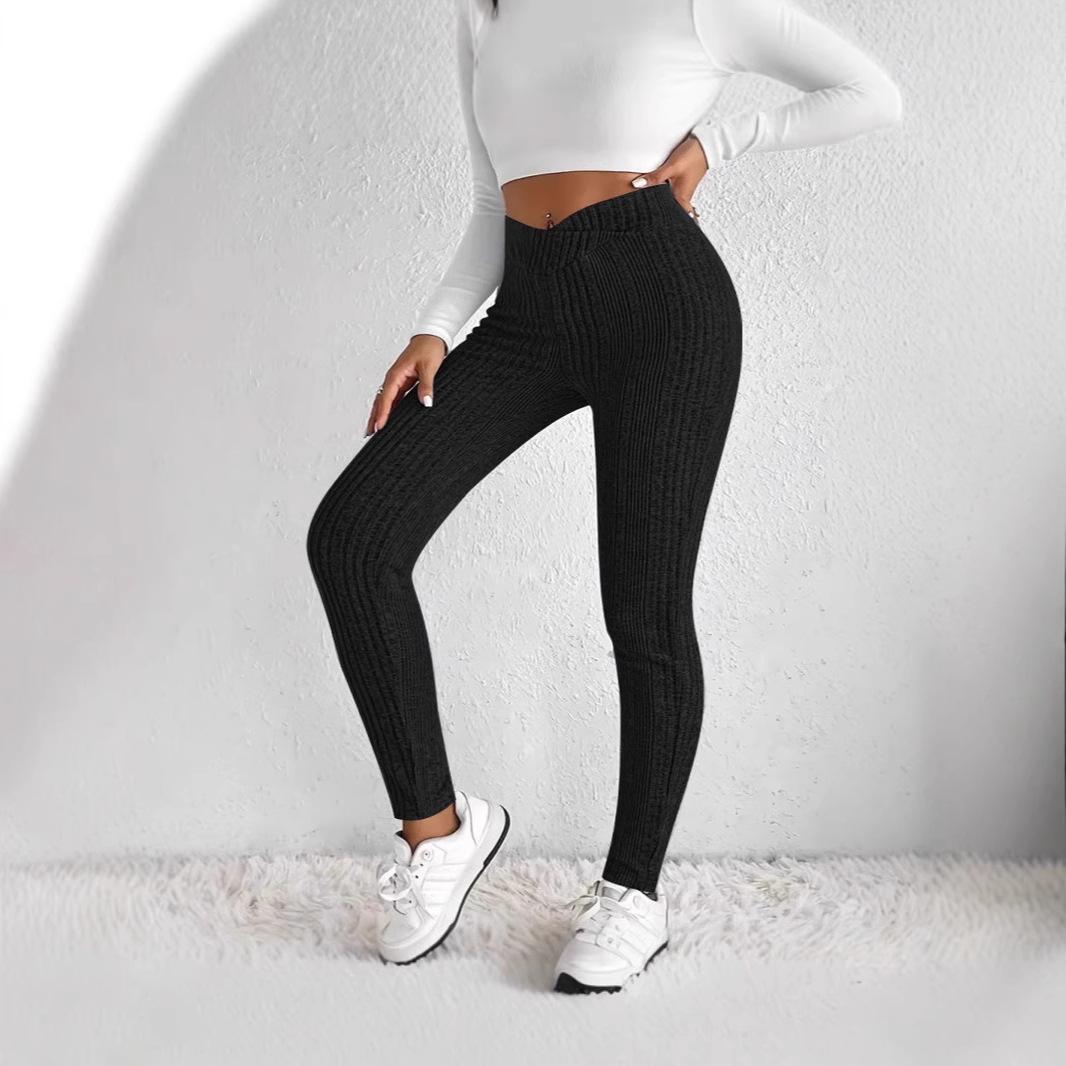 

2024 Autumn Sexy Slim Fit Striped Ribbed Yoga Pants M чорний